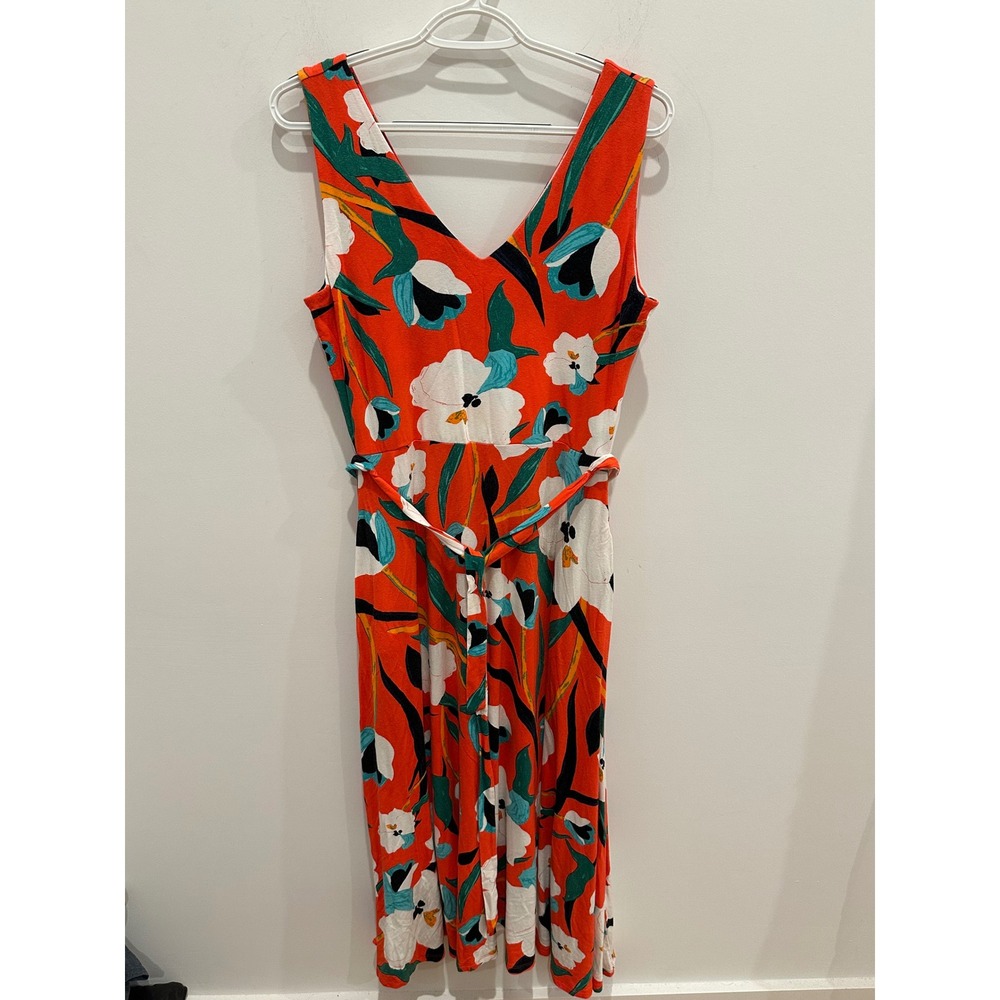 Sigrid Olsen Womens Orange Floral V-Neck Sleeveless Midi Belted Dress Size M